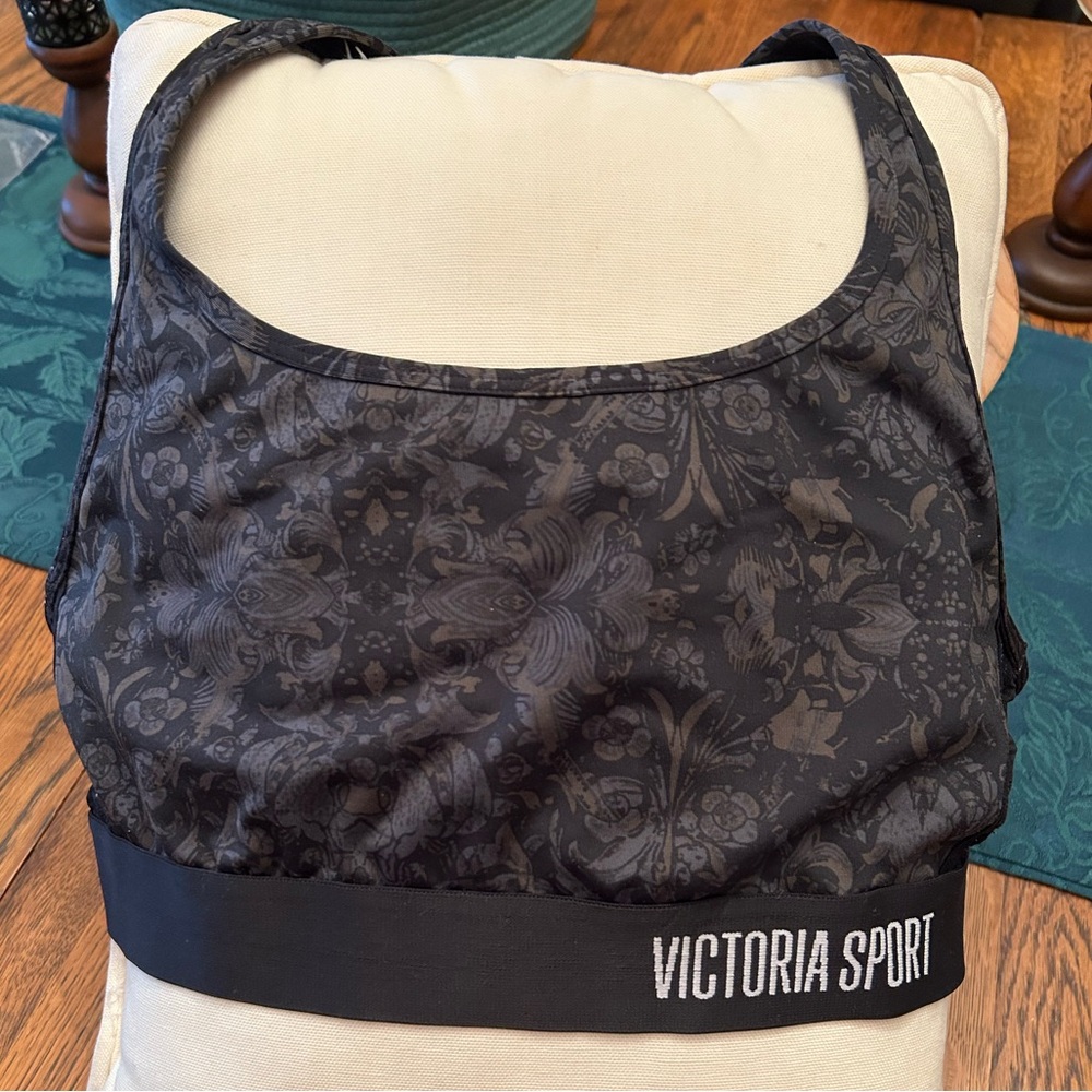 Victoria Sport Black Floral ‘The Player’ Sports Bra, Lg. No padding. Over head.